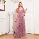Elegant See through Short Sleeve V neck U Back Evening Dress A line Embroidery Mesh Full Lining Dress